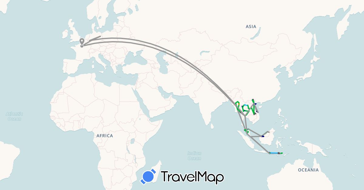 TravelMap itinerary: driving, bus, plane, boat, hitchhiking, motorbike in Germany, France, Indonesia, Laos, Myanmar (Burma), Malaysia, Singapore, Thailand, Vietnam (Asia, Europe)